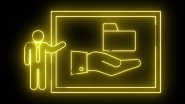 Sarı neon, koyu bir arkaplana karşı bir çerçeve içinde bir el üzerinde bir dizin sunan bir figür çizer