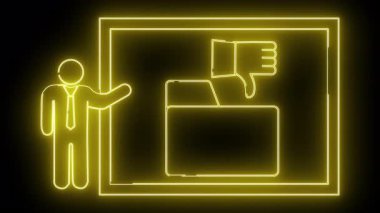 Siyah arkaplan önünde baş parmakları ekranda olan veri dizinini sunan sarı neon kişi