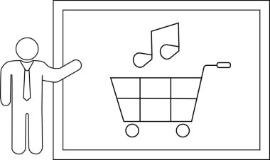 Bir resim, bir alışveriş arabası ve bir nota ile bir beyaz tahtayı işaret eden bir kişiyi tasvir eder.