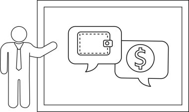 Bir figür, içinde cüzdan ve konuşma baloncukları olan bir beyaz tahtayı işaret eder.