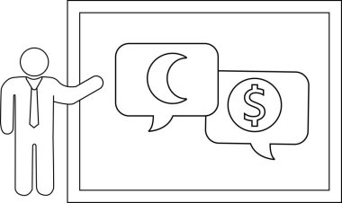 Hilal şeklinde bir ay ve konuşma baloncukları şeklinde bir dolar işareti gösteren bir sunucu çizimi