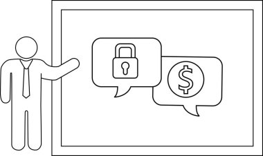 Bir insan konuşma baloncuklarında asma kilit ve dolar işareti olan bir ekranın yanında durur.