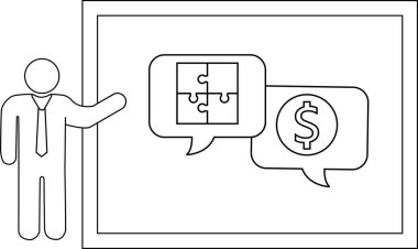 Beyaz tahtanın yanında duran bir insan bulmaca ve dolar işaretli konuşma baloncukları gösteriyor.