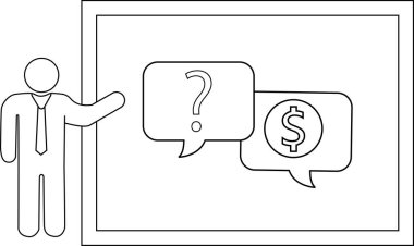Çizgi sanatı, soru işareti ve konuşma baloncuklarında dolar işareti olan tahtayı gösteren bir adam tasvir ediyor.