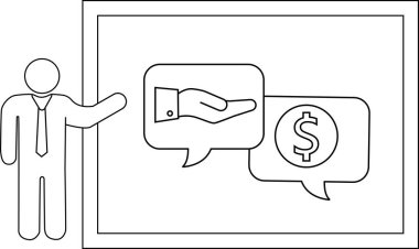 Ekranda el ve para sembolü içeren konuşma baloncuklarına doğru hareket eden bir kişinin çizgi çizimi