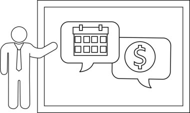 Çizgi çizimi ekranda bir takvim ve dolar işaretinin konuşma baloncuklarına işaret eden bir şekil gösterir