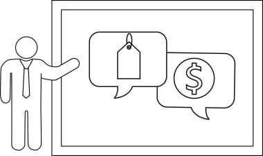 Adam fiyat etiketi dolar işaret dili konuşma baloncukları ile tahtaya işaret ediyor