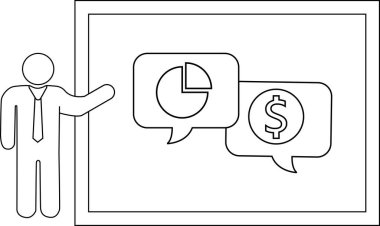 Çubuk adam bir çizelge ve bir dolar işareti sunar.