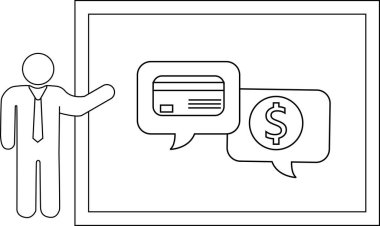 Çerçevelenmiş tahtada kredi kartı para konuşma baloncukları sunan çöp adam