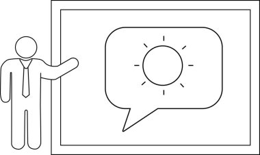 Çerçevenin önündeki bir figür, içinde güneşin görüntüsü olan bir konuşma balonu gösteriyor.