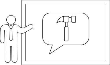 Bir figür beyaz tahtaya konuşma balonunda bir çekiç simgesi sunar.