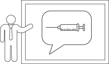 Tıbbi bir şırınganın görüntüsünü gösteren bir sunucu ekranın yanında duruyor.
