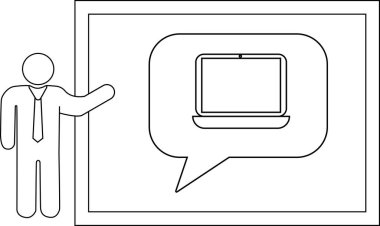 Konuşma balonunda dizüstü bilgisayarı olan bir sunucu sunucusu