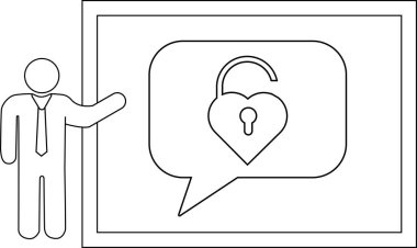 Çizgi çizimi, beyaz tahtanın üzerindeki konuşma balonunda kilitli olmayan kalbi sunar.