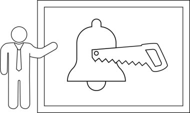 Bir insan, zili kesen bir testerenin çerçeveli resmini sunar.