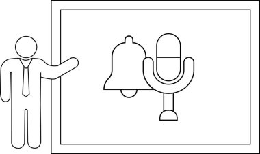 Çan ve mikrofonu gösteren bir kişi ekranın önünde duruyor.