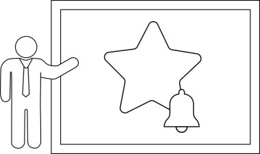 Çubuk figürü çerçevelenmiş bir yıldız ve çanın görsel bir sunum veya bildirim oluşturduğunu gösterir