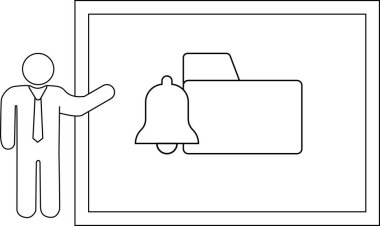 İş adamı, çerçeve görünümlü bir bilgilendirme dizin simgesinin yanında duruyor