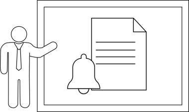 Satır sanatı, bir uyarı çanı simgesi ile çerçevelenmiş bir belgeyi sunan bir figür tasvir eder