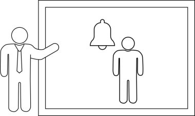 Görüntü çerçeveli bir tahtanın yanında bir adamın başka birinin üstünde bir çan gösterdiğini gösteriyor.