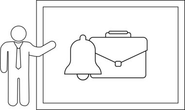 Çanta ve zili gösteren bir tabelanın yanında çöp adam sunuculu simge