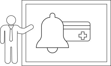 Çan kartına işaret eden çizgi çizimi şekli çerçeveli bir dikdörtgenin içinde artı ile