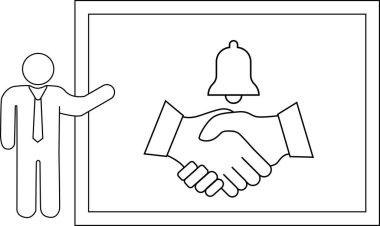 Çizgi çizimi bir kişinin el sıkışma ve çan sembolleriyle bir tahtaya doğru hareket ettiğini gösteriyor