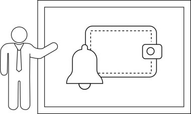 Adam çerçevelenmiş bir beyaz tahta içinde bir cüzdan simgesinin yanında bir uyarı zili sunar