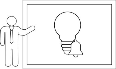Çizilmiş figür, ampul ve çan simgesiyle beyaz tahtayı işaret ediyor