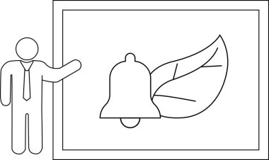 Çan ve yaprak simgesi minimalist hatlı ekranın yanındaki çubuk figürü