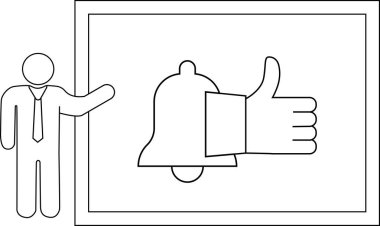 Çubuk figür bir çerçeve sunar bir zil ve siyah ile özetlenmiş başparmaklar