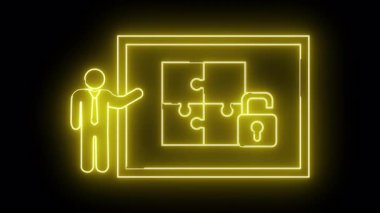 Bir yapboz sunan bir adamın neon sarısı çizgisi ve siyah bir arkaplanda kilit kilidi açılmış.