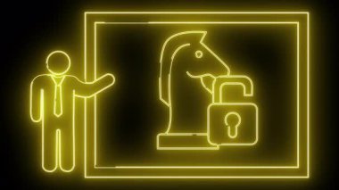 Açık asma kilidi olan bir satranç şövalyesini tasvir eden bir figür. Hepsi çerçevelenmiş neon bir levha içinde.