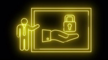 Neonlit grafik bir çerçeve üzerinde güvenli bir el simgesi ile sunucuyu gösterir