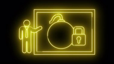 Sarı neon şekil siyah arkaplana karşı bomba kilidi simgesi ile ekranı gösterir