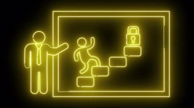 Sarı neon ekran, çerçeve içerisindeki bir asma kilide doğru tırmanan bir figürü gösteriyor.