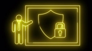 Sarı neon şekil siyah bir arkaplan karşısında bir kalkan ve asma kilit simgesi içeren bir çerçeve işaret ediyor