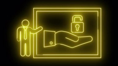 Sarı neon grafik çubuk figürü açık asma kilidi tutan bir eli gösteriyor.