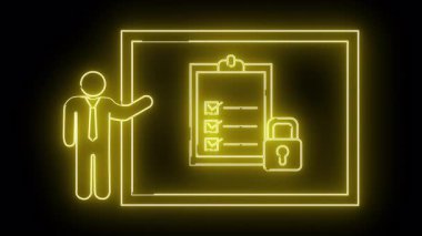 Siyah arkaplan üzerinde bir pano ve asma kilit ile ekranı sunan bir çubuk figürünün sarı neon çizgisi