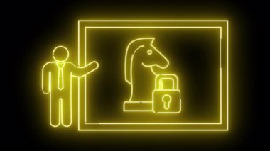 Sarı neon çizgili insan satranç taşı şövalyesi siyah üzerine çerçeve