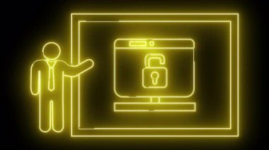 Sarı neon çizgili çubuk figürü siyah bir arkaplanda açık kilit gösteren bir monitör sunar
