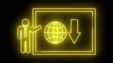 Parlayan sarı neon ışığı ekranda küresel indirme simgesi sunan kişiyi gösterir