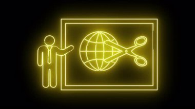 Bir neon sarı çizim, makasla kesilen bir küreyle ekranı gösteren bir sunucu tasvir eder.