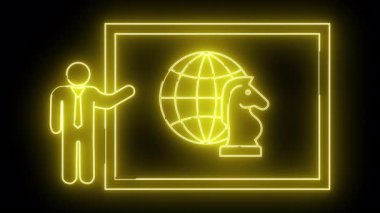 Neon sarısı bir çizim, bir meydanın içindeki dünya küresini ve satranç şövalyesini işaret eden birini gösteriyor.