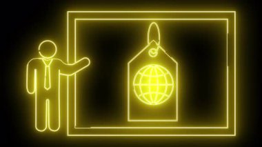 Siyah bir arkaplana karşı çerçevelenmiş bir fiyat etiketinde dünya küresini gösteren neon sarısı bir figür.