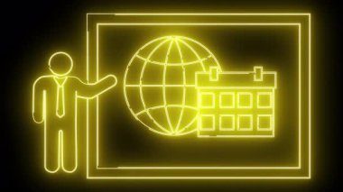 Neon sarısı bir figür siyah bir arkaplanda parlayan bir dikdörtgen içinde bir küre ve takvim sunar.