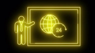 Parlak neon sarısı, bir adamın bir küre ve bir kare çerçevede 24 saat içinde siyah bir arkaplanı çiziyor.