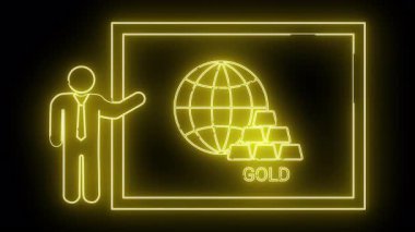 Neon ekranda bir sunucu altın bir dünya bir dikdörtgenin içindeki altın sözcüğü gösterir.