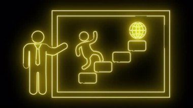 İş koçunun neon illüstrasyonunda bir çubuk figürü bir çerçeve içinde bir küreye doğru adımlarla yönlendiriyor.