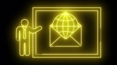 Neon illüstrasyonu, koyu arkaplanda küresel posta simgesini sunan figürü gösterir